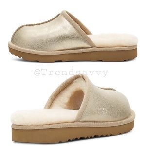 UGG Kids Keegan Metallic Slipper Gold Shimmer Faux Fur Lined Slip-On Shoes NWT
